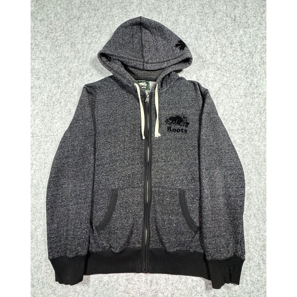 Roots Canada Mens Small Gray Knit Full Zip Logo Hoodie Sweatshirt Pockets